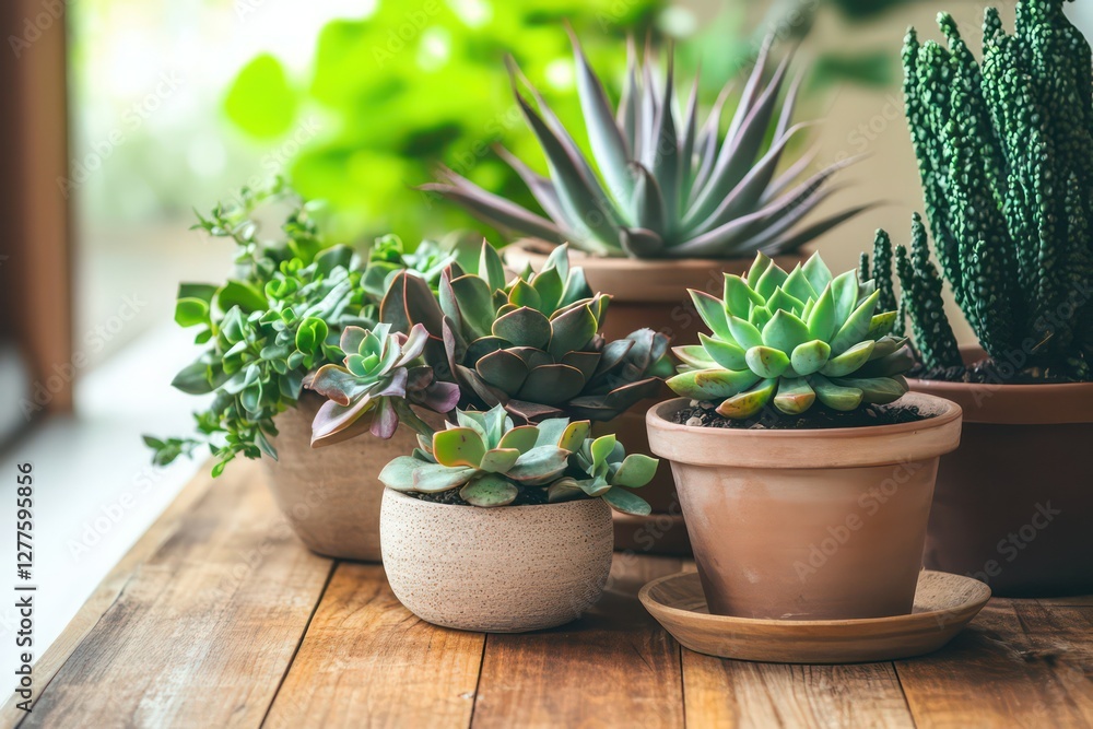 A cozy indoor scene with neatly arranged potted succulents on a wooden surface, emphasizing natural textures. A cozy indoor scene with neatly arranged potted succulents on a wooden surface, emphasizing natural textures.