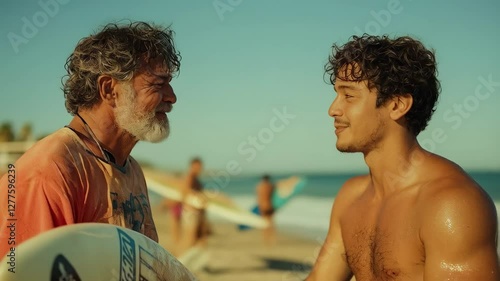 A Thoughtful Moment Between Two Surfers at the Beach, Capturing the Connection Across Generations Under a Clear Blue Sky