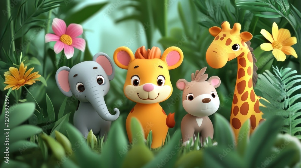 Naklejka premium Cute cartoon animals in a lush jungle setting. Four adorable animals, elephant, lion, giraffe, bear, amidst vibrant foliage and flowers. Ideal for children's books or educational materials..