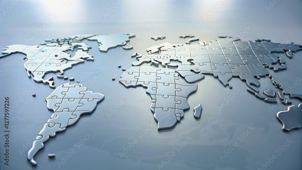 Metallic Puzzle Map of the World with Reflective Surface and Modern Aesthetic Design Metallic Puzzle Map of the World with Reflective Surface and Modern Aesthetic Design