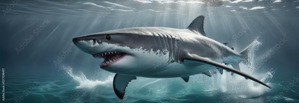 Obraz premium A majestic Great White Shark breaks through the water's surface with its powerful body exposed , great white, dorsal fin, movement
