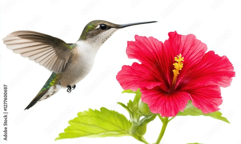 Fototapeta premium A vibrant hummingbird hovering near a bright red hibiscus flower against a white background