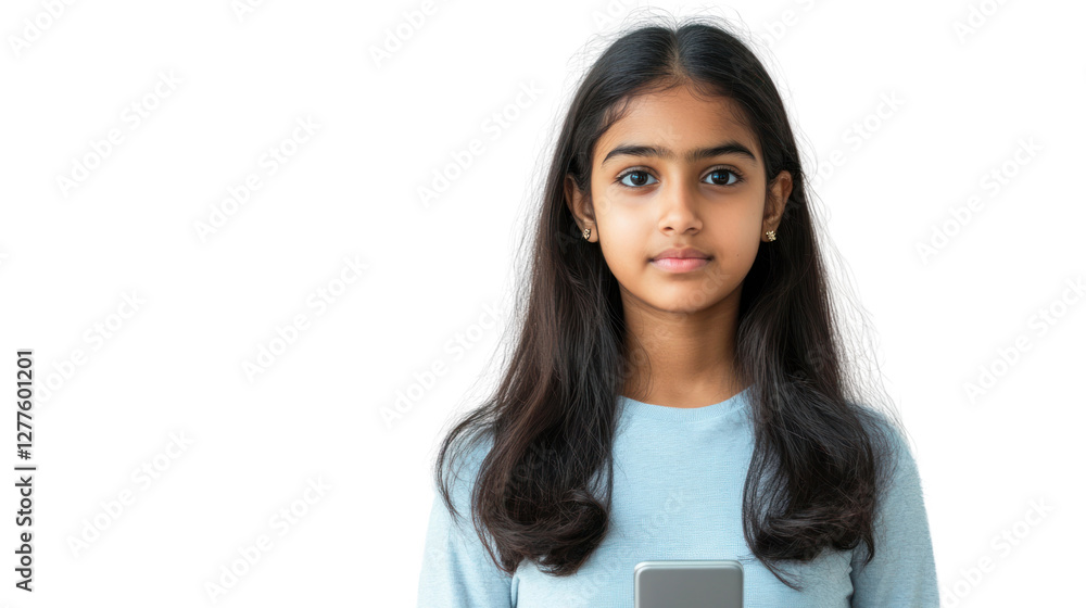 A young girl stands confidently holding a smartphone, showcasing the connection between youth and technology in today's digital age. A young girl stands confidently holding a smartphone, showcasing the connection between youth and technology in today's digital age.