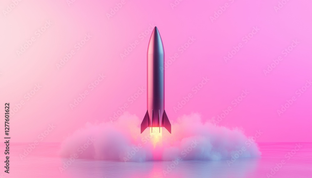 Obraz premium A sleek rocket launches against a vibrant pink background, surrounded by clouds of smoke, symbolizing innovation and exploration.