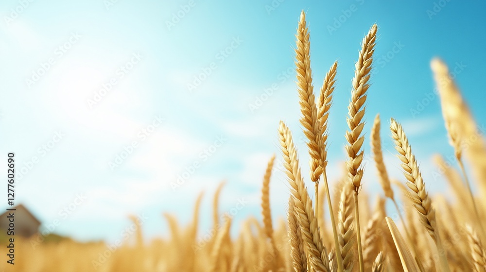 Fototapeta premium Golden wheat field under sunny sky, farm background