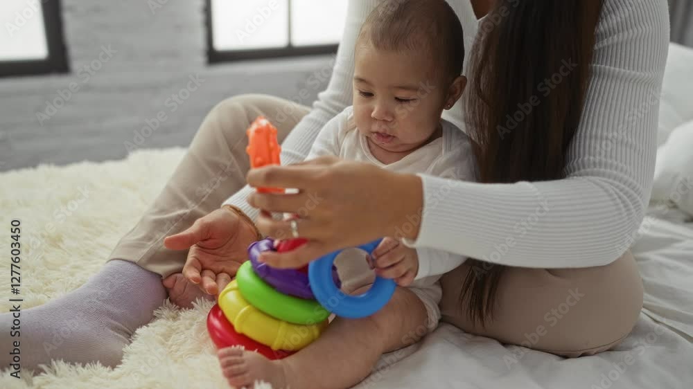Mother and baby girl play together on bed indoors with colorful toy showcasing family love and connection. Mother and baby girl play together on bed indoors with colorful toy showcasing family love and connection.
