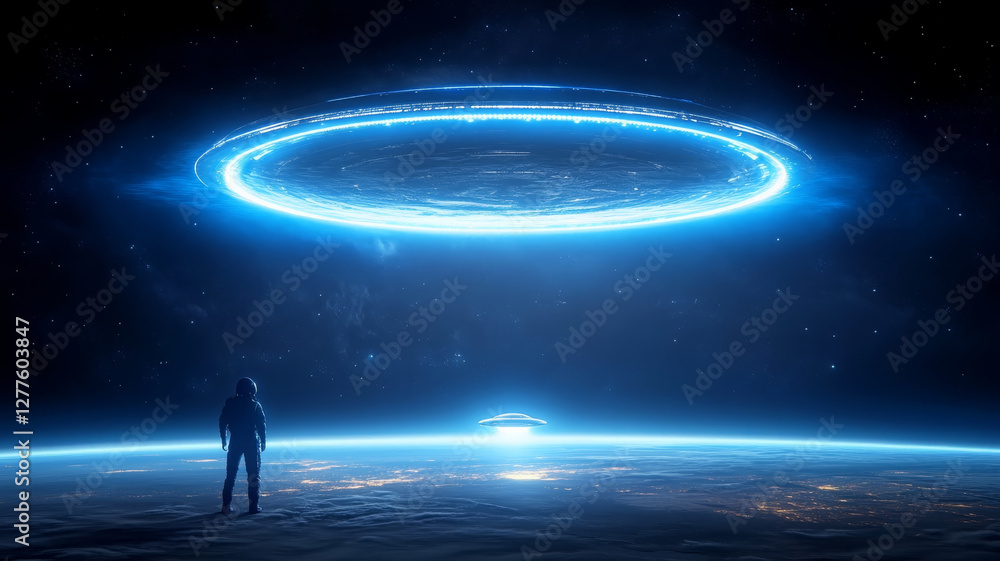 Obraz premium lone astronaut stands on edge of Earth, gazing at massive glowing ring in space, evoking sense of wonder and mystery