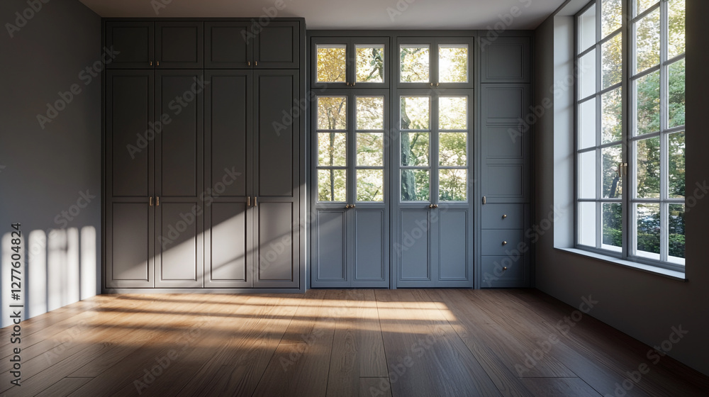 Obraz premium Sunlit Room Interior with Modern Wardrobe