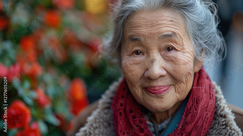 Portrait of a Smiling Elderly Woman Basking in Nature with Colorful Blossoms in the Background