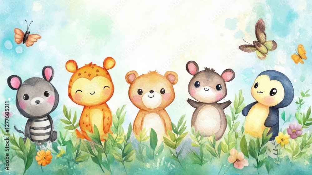 Naklejka premium Cute cartoon animals in a meadow, adorable animals, illustration of four friendly animals a mouse, a monkey, a bear, and a penguin, surrounded by flowers and butterflies, whimsical watercolor style.