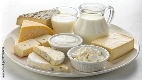 A plate of assorted milk products such as cheese yogurt and butter, plate, dairy