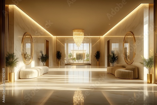 Elegant and spacious hotel lobby featuring modern decor, large mirrors, and a stunning chandelier