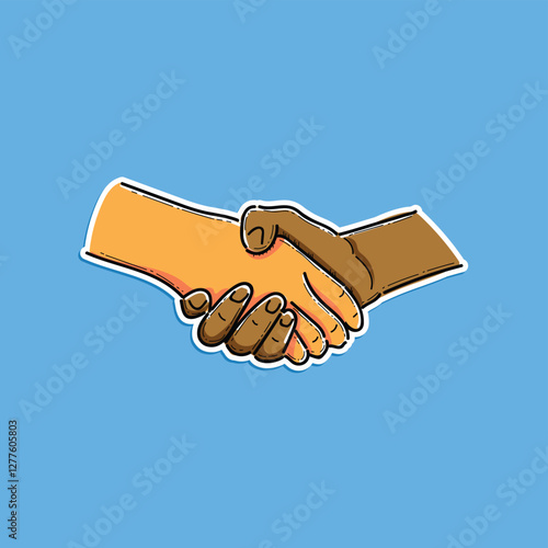 Illustration of a handshake symbolizing partnership, diversity, and agreement, set against a vivid blue background. Perfect for concepts related to teamwork, trust, and mutual respect.