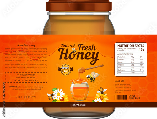 Fresh Honey Label Design with Nutritional Information Vibrant orange honey label featuring a jar of honey, bees, and flowers. 