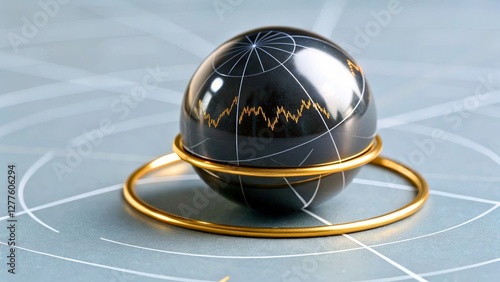 Elegant Black Sphere Surrounded by Golden Rings on Geometric Background