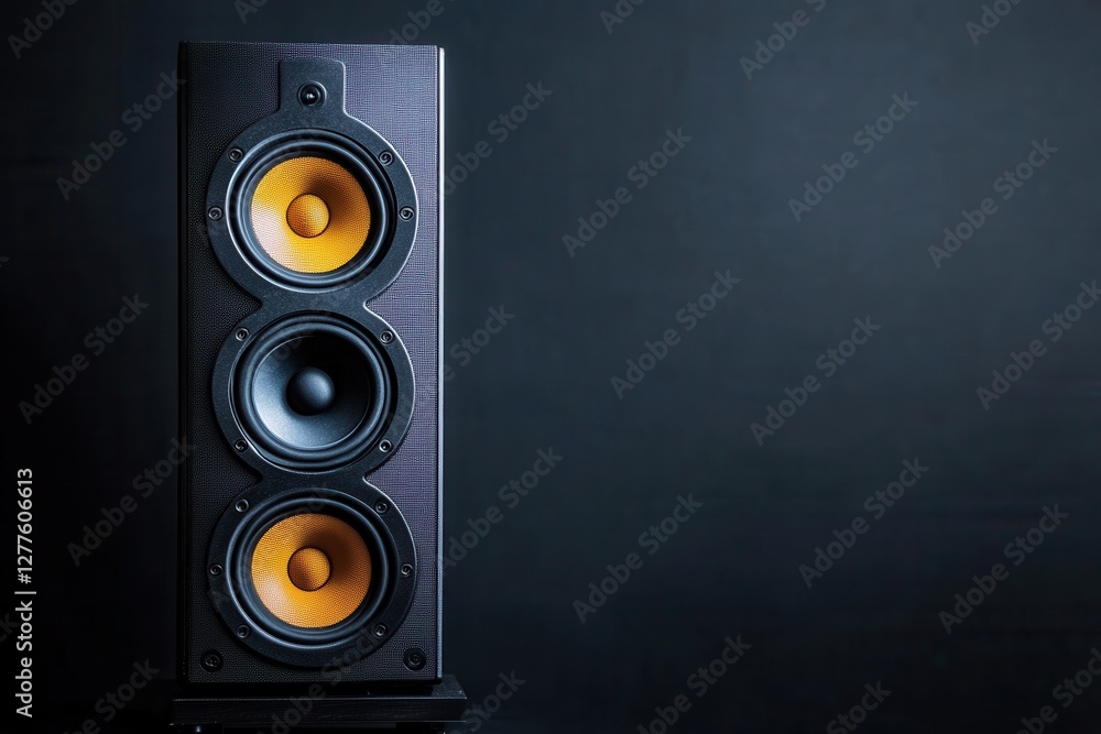 Black speaker with three yellow-coned drivers. Ideal for audio, music, and technology projects. Black speaker with three yellow-coned drivers. Ideal for audio, music, and technology projects.