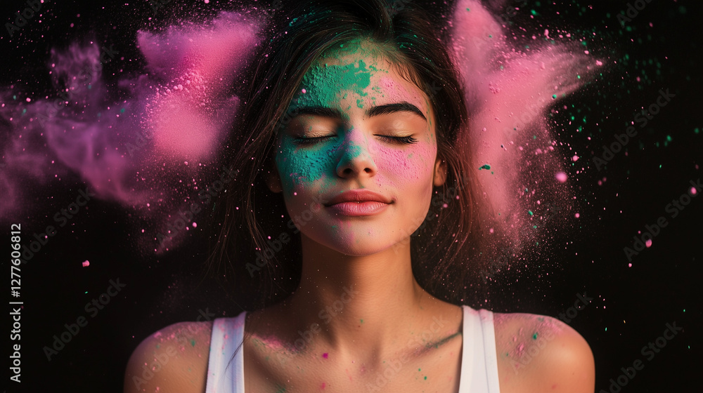 Obraz premium Portrait of happy Indian woman celebrating Holi with powder colours or gulal. Concept of Indian festival Holi.