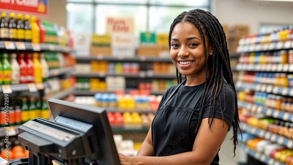 Black Female Standing in Front of Cashier Register in Supermarket with Shelves Stocked Background Black Female Standing in Front of Cashier Register in Supermarket with Shelves Stocked Background