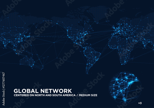 アメリカ大陸を中心とした世界地図のドットマップと、デジタルなグローバルネットワーク