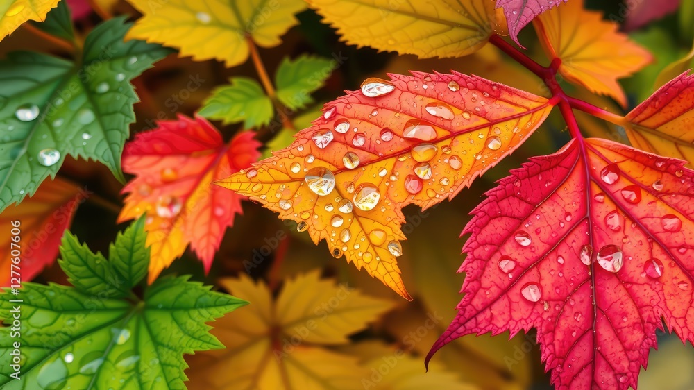 Vibrant Fall Foliage with Dew Drops , Close-up Natural Beauty Vibrant Fall Foliage with Dew Drops , Close-up Natural Beauty