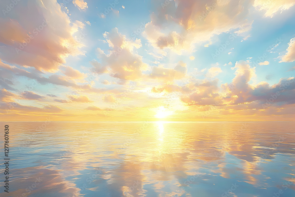 Obraz premium Serene sunset over calm ocean; picturesque sky with pastel clouds reflecting on tranquil water; idyllic beach scene, perfect for travel, vacation, or relaxation themes.