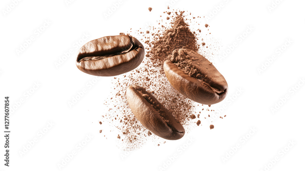 Close-up view of roasted coffee beans scattered on aromatic coffee powder, showcasing rich textures and colors, perfect for coffee lovers. Close-up view of roasted coffee beans scattered on aromatic coffee powder, showcasing rich textures and colors, perfect for coffee lovers.