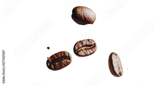 Close-up of fresh, dark roasted coffee beans scattered on a surface. Perfect for coffee lovers and illustrating the essence of brewing richness. photo