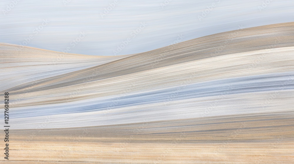 Obraz premium A serene abstract landscape featuring soft, flowing lines in muted tones of beige, blue, and gray, evoking a sense of calm and tranquility.