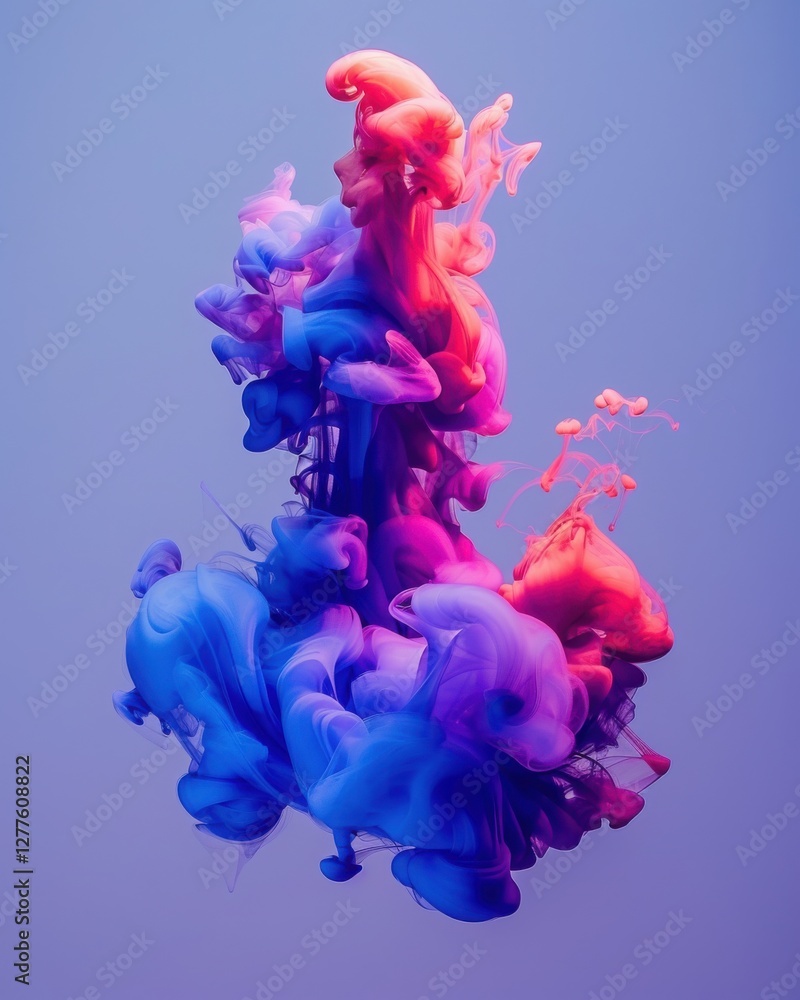Obraz premium A vibrant swirl of pink and blue ink creates a mesmerizing cloud effect against a soft purple background.