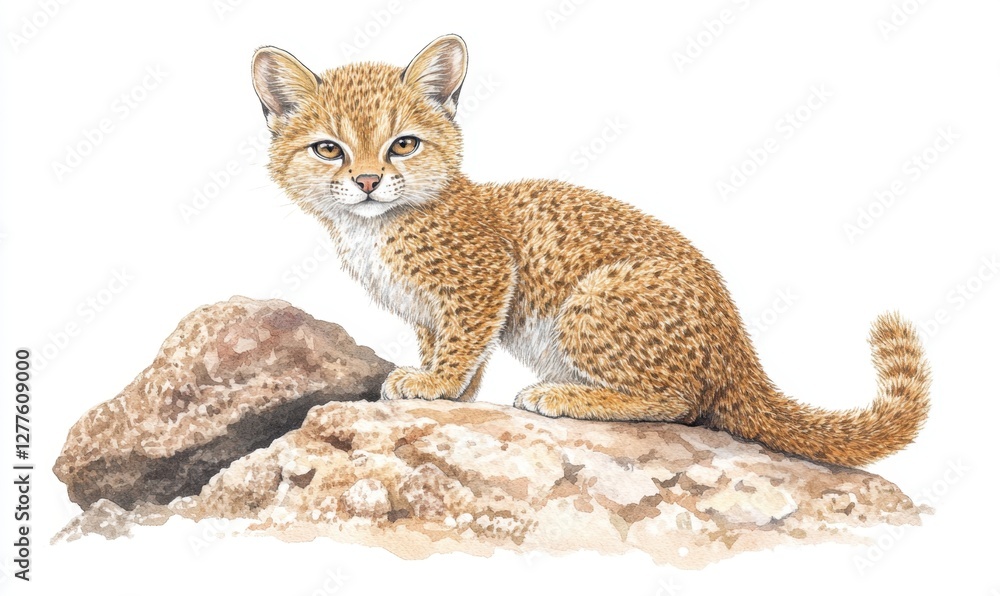 Obraz premium A young wildcat perched on a rocky surface, showcasing its natural habitat and alert demeanor