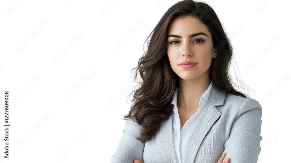 Confident young woman in a professional outfit poses with crossed arms, exuding strength and determination in a modern work environment. Confident young woman in a professional outfit poses with crossed arms, exuding strength and determination in a modern work environment.