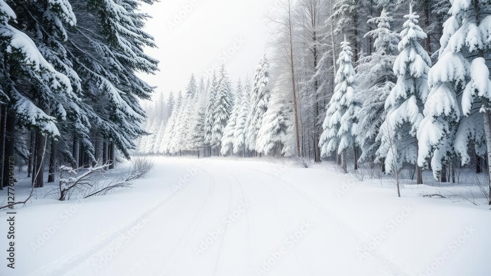 Obraz premium A snow-lined forest trail disappears into the distance behind a cluster of snow-capped trees, peaceful, rural