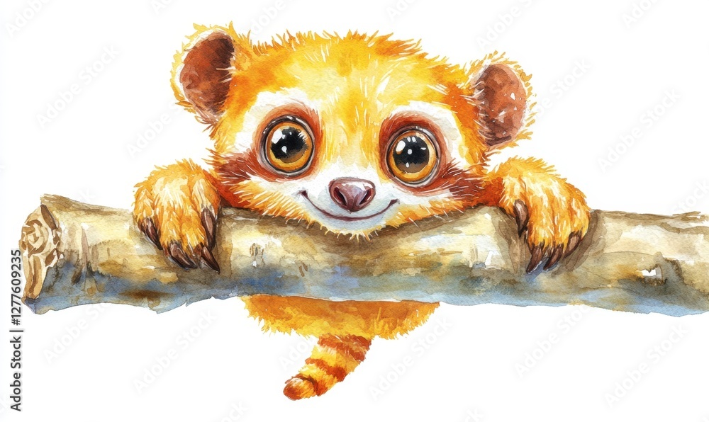 Obraz premium Adorable cartoon sloth character hanging from a branch, surrounded by a bright, cheerful background