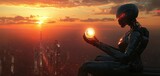 A mysterious science fiction robot holding a glowing orb in its hand, standing on the edge of a colossal futuristic cityscape at sunset.