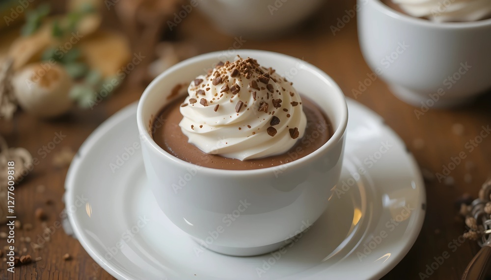 Decadent chocolate mousse served in a white cup, elegantly adorned with fluffy whipped cream on top.
Decadent chocolate mousse served in a white cup, elegantly adorned with fluffy whipped cream on top.