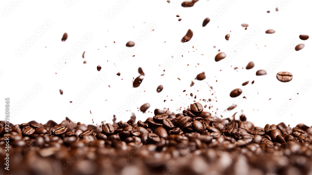 Freshly roasted coffee beans scattering elegantly against a dark background, showcasing rich textures and glossy surfaces, ideal for coffee enthusiasts. Freshly roasted coffee beans scattering elegantly against a dark background, showcasing rich textures and glossy surfaces, ideal for coffee enthusiasts.