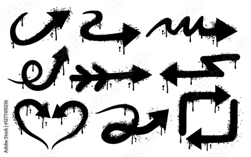 Set of graffiti arrows with dripping ink on a white background. Spray-painted graffiti splash arrows featuring hand drawn strokes, messy splatters, and urban street art vibes artistic.