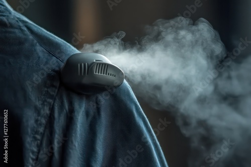 A detailed macro shot of a steamer nozzle releasing hot steam onto a shirt. photo