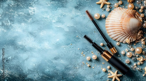 Elegant close up shot of a volumizing waterproof mascara product placed on a seashell with small pearls scattered around the composition creating a luxurious and captivating still life scene photo