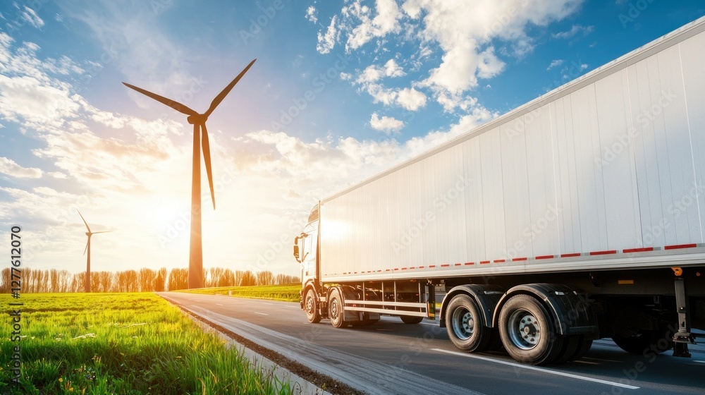 White Truck Transporting Goods on Road with Wind Turbines in Background at Sunset for Sustainable Future White Truck Transporting Goods on Road with Wind Turbines in Background at Sunset for Sustainable Future