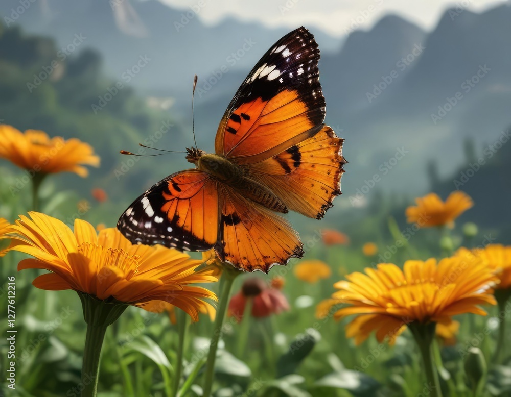A butterfly perched on top of a large calendula bloom, overlooking the surrounding landscape, nature, blossom A butterfly perched on top of a large calendula bloom, overlooking the surrounding landscape, nature, blossom