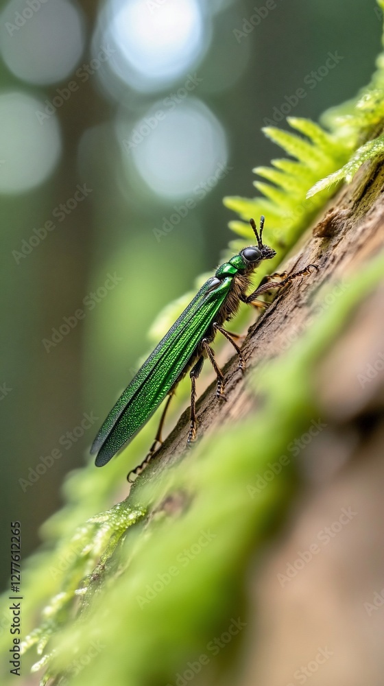 Green beetle on mossy tree bark, forest background, nature photography Green beetle on mossy tree bark, forest background, nature photography