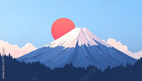 Peaceful Mt. Fuji sunrise, minimalist illustration photo