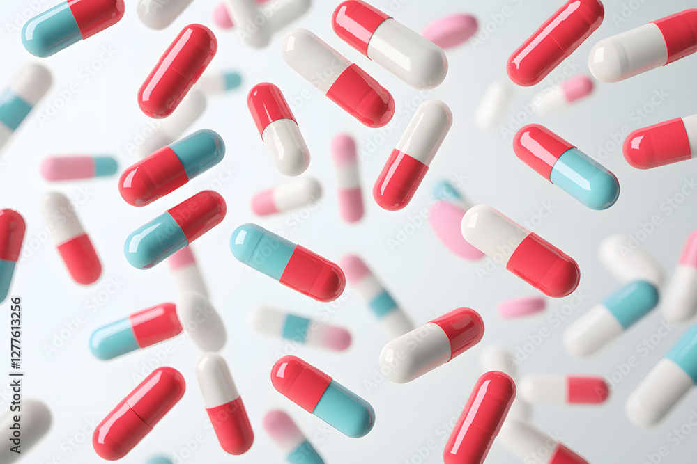 Falling capsules in red and blue colors create dynamic and vibrant scene, symbolizing health and wellness. arrangement showcases playful interaction of shapes and colors Falling capsules in red and blue colors create dynamic and vibrant scene, symbolizing health and wellness. arrangement showcases playful interaction of shapes and colors