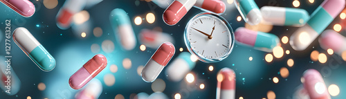 Falling capsules and glowing clock create surreal scene, symbolizing passage of time and health. vibrant colors enhance visual impact, evoking sense of urgency and care