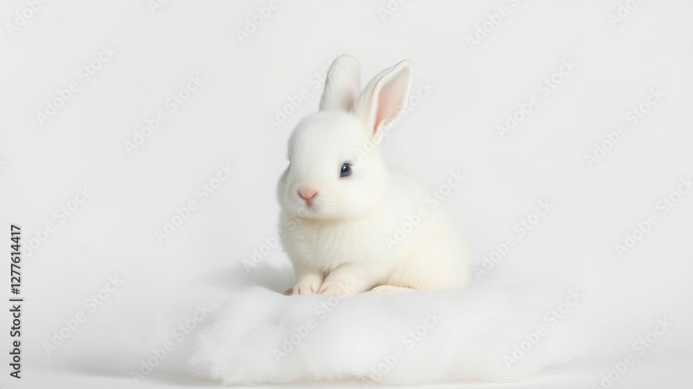 Obraz premium Adorable bunny perched on fluffy white cloud, looking sweet and peaceful, white, little, fluffy