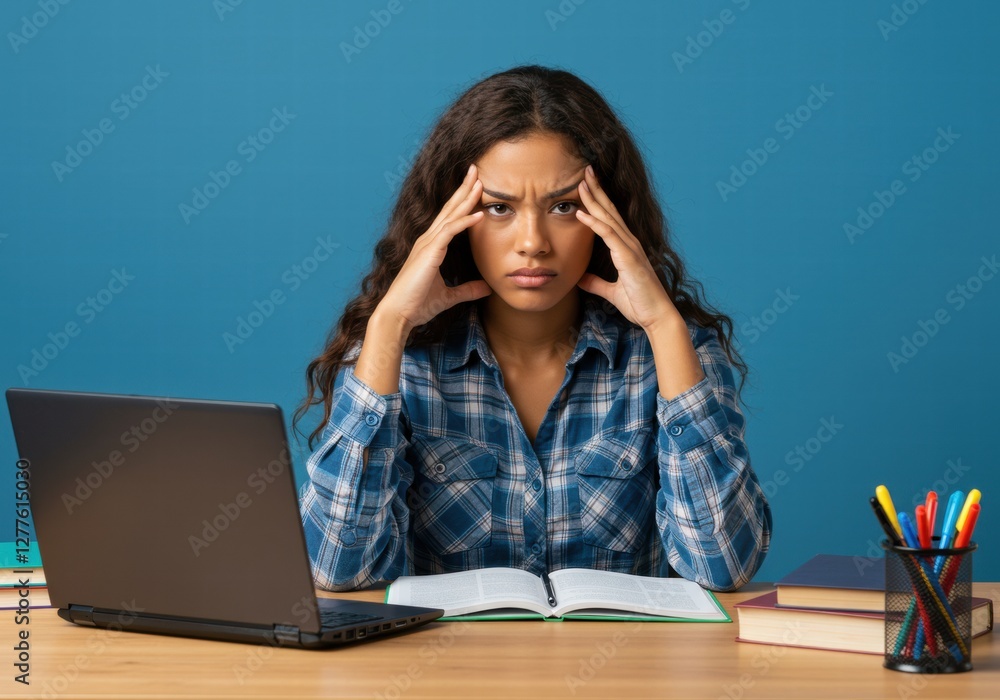 An African American woman who looks dizzy holds her head. An African American woman who looks dizzy holds her head.