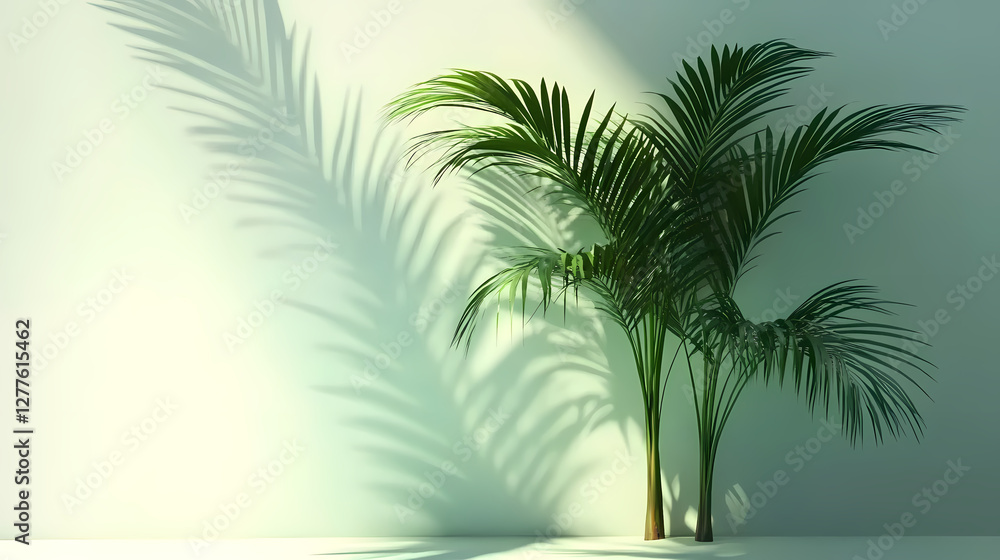 Tall Green Palm by Yellow Wall with Sunlit Shadows Tall Green Palm by Yellow Wall with Sunlit Shadows