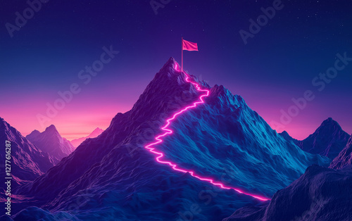 Concept of step-by-step achievement of goals. Glowing path leading to success and achievements concept with flag on peak of mountain. Ad poster for business the presentation