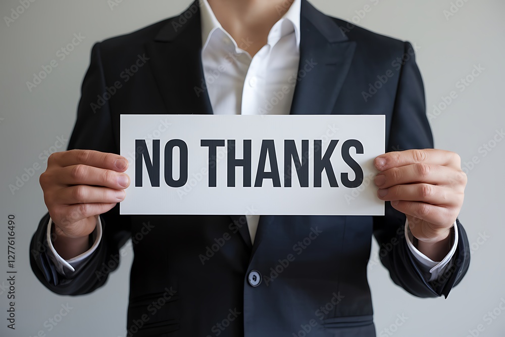 Businessman Declines Offer, Holding No Thanks Sign, Refusal, Rejection Businessman Declines Offer, Holding No Thanks Sign, Refusal, Rejection